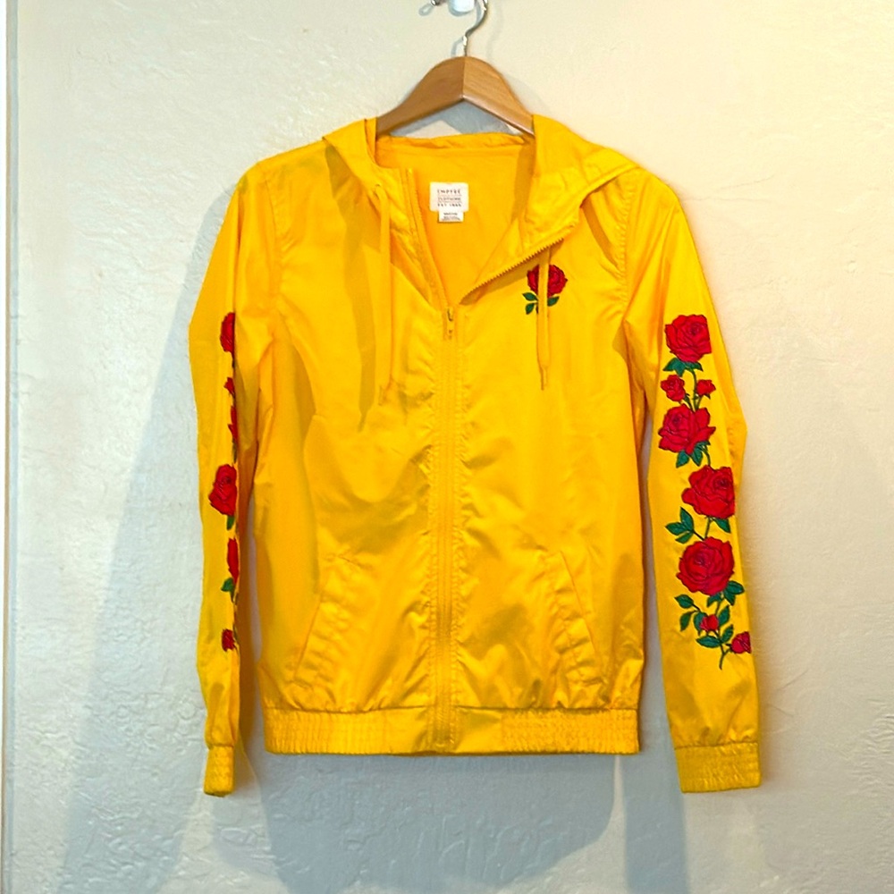 Women's Empyre Jacket Windbreaker Zip Front Hoodie Yellow Red Roses M